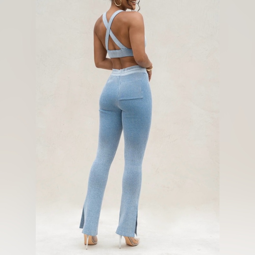 JLUXLABEL Light Blue Ribbed Flare Pants - Picture 2 of 4